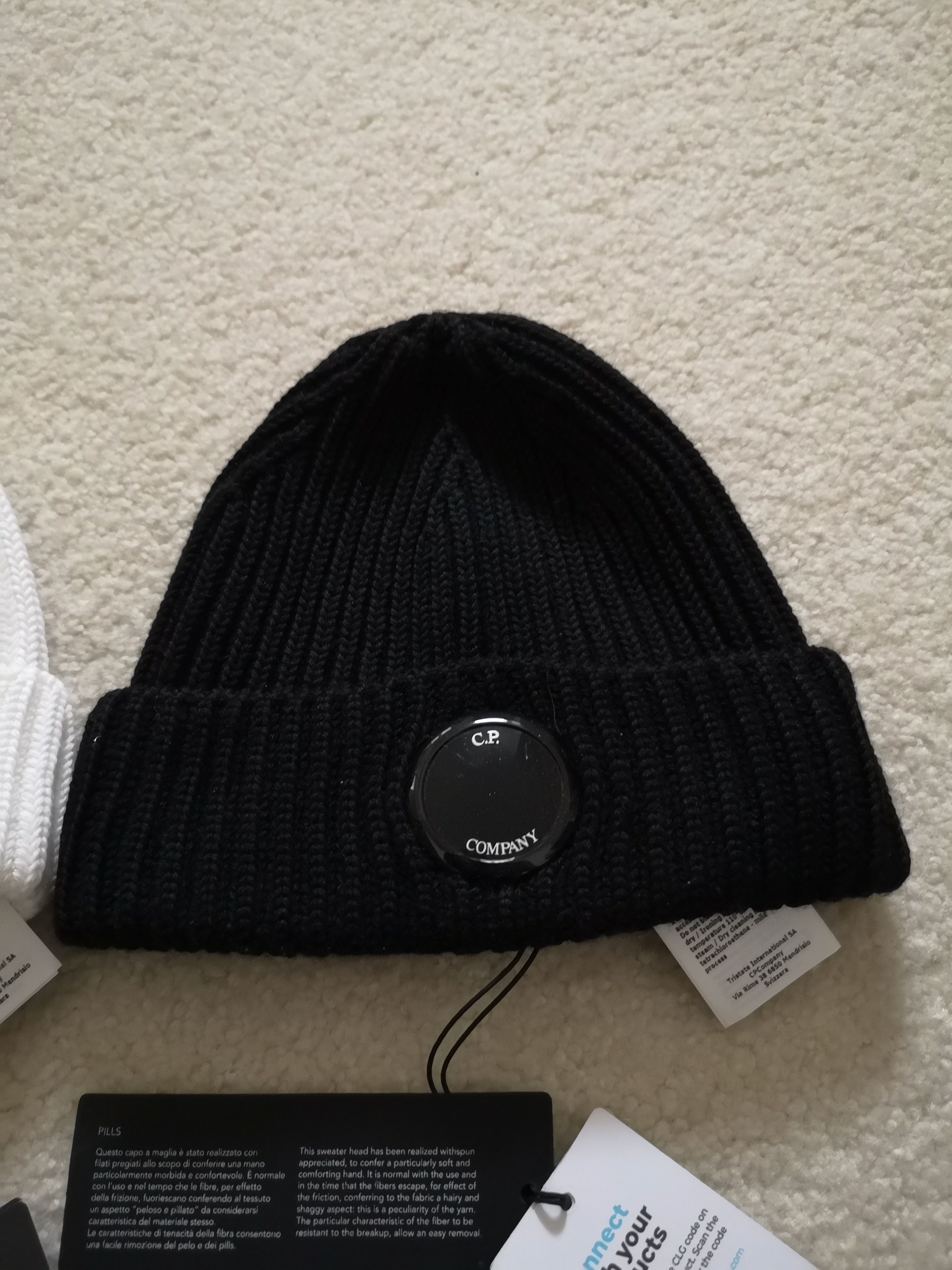 C.P. Company 2 Merino Wool Ribbed Knit Beanies, Black and White Size ONE SIZE - 3 Thumbnail