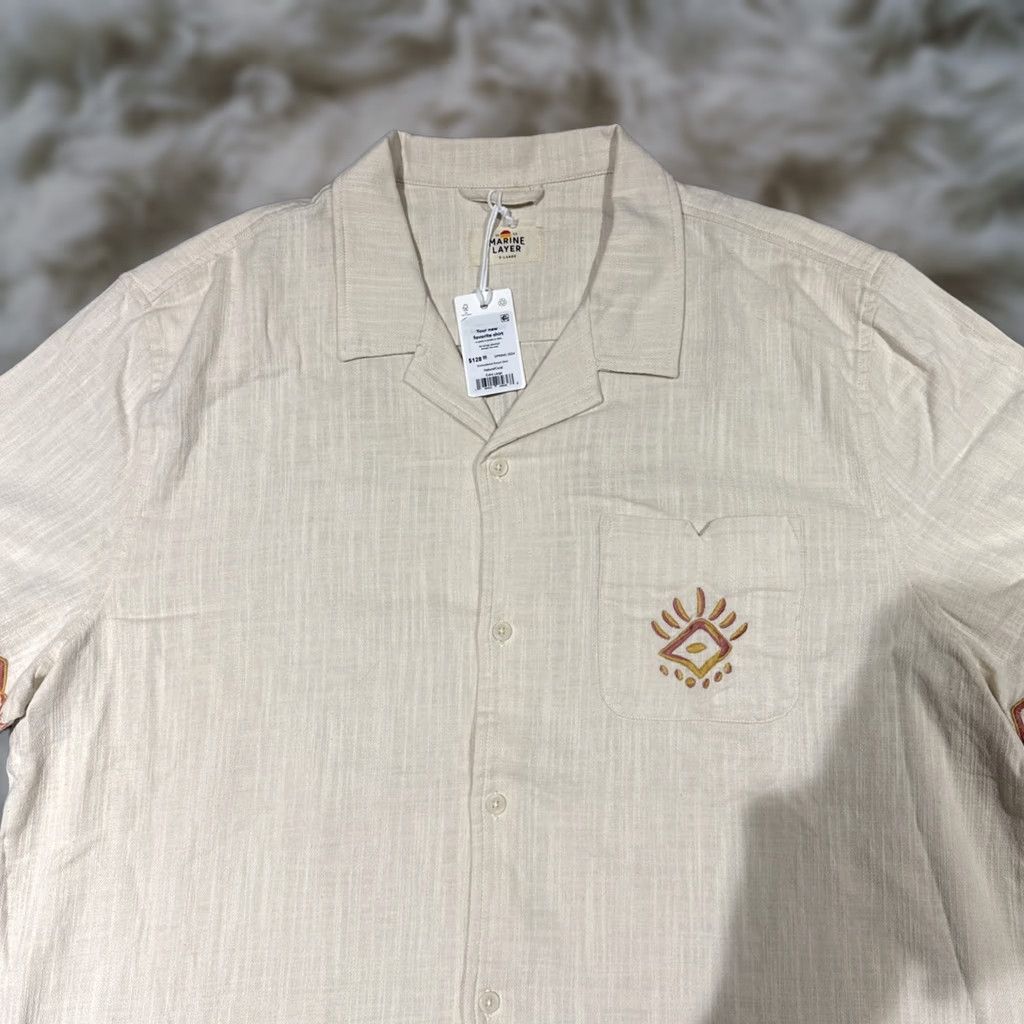 Marine Layer Marine Layer Resort Shirt Mens XL Natural/Coral Embroidered Palm Tree NWT Size US XL / EU 56 / 4 - 1 Thumbnail