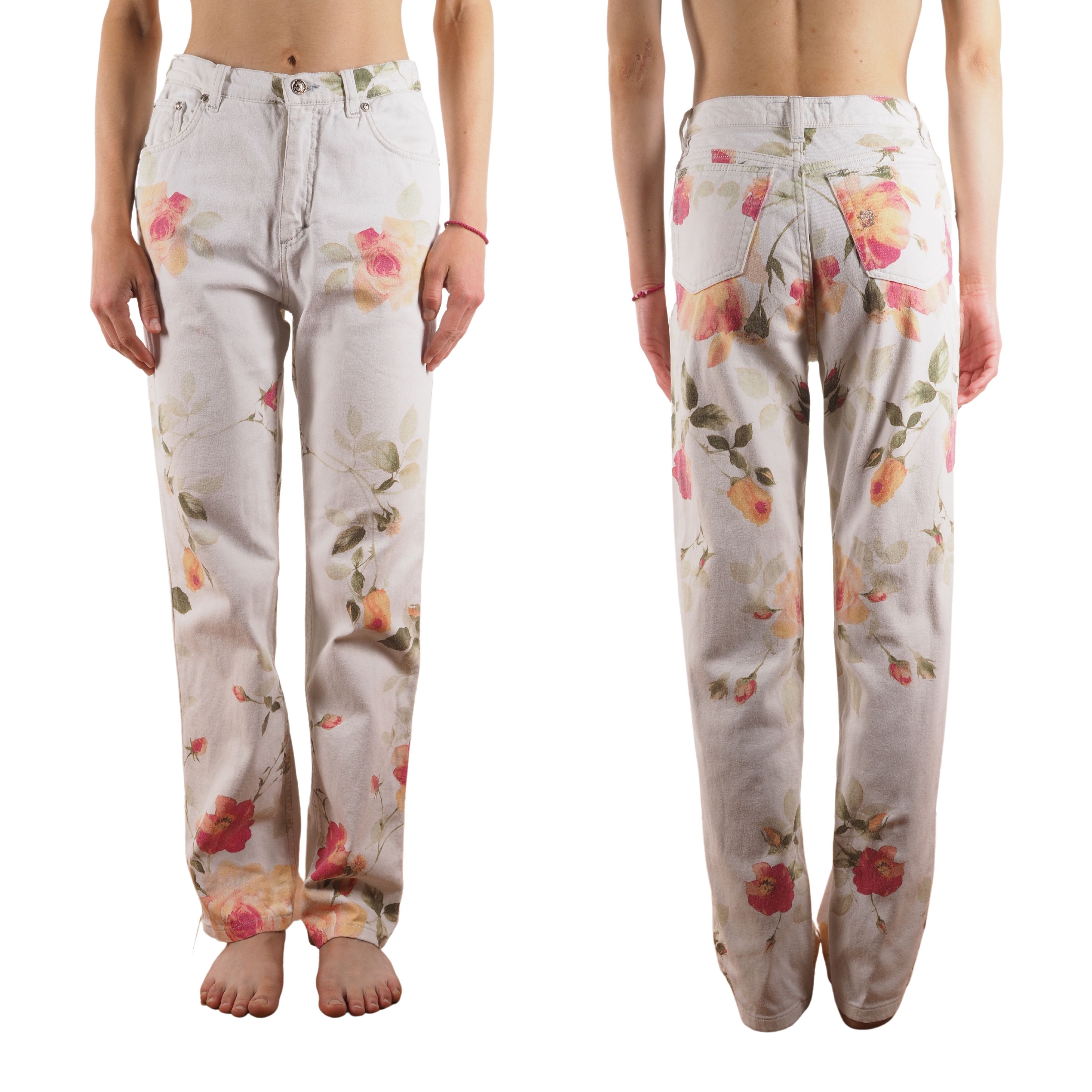 Roberto Cavalli Roberto Cavalli Vintage 90s White Floral Denim Jeans Size 27" / US 4 / IT 40 - 1 Thumbnail