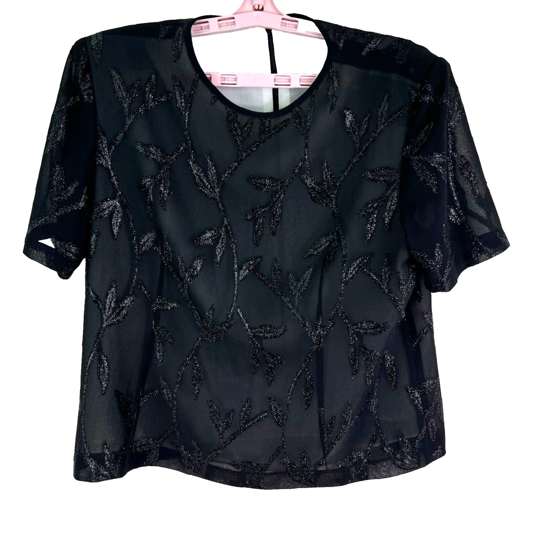 Vintage Vintage Black Floral Silk Sheer Top Womens M - M & M Blouse, Short Sleeve, Round Neck, Glitter Accents, Lightweight, Dry Clean Only Size M / US 6-8 / IT 42-44 - 2 Thumbnail