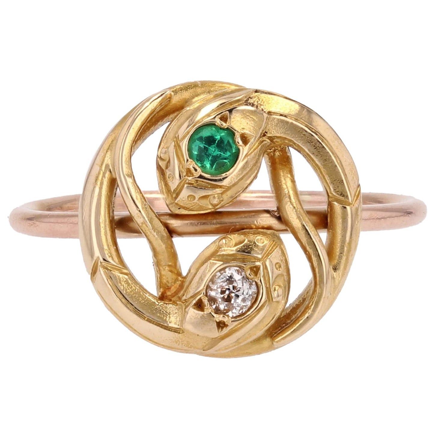 image of Vintage French 19Th Century Emerald Diamond 18 Karat Yellow Rose Gold Snake Ring, Women's