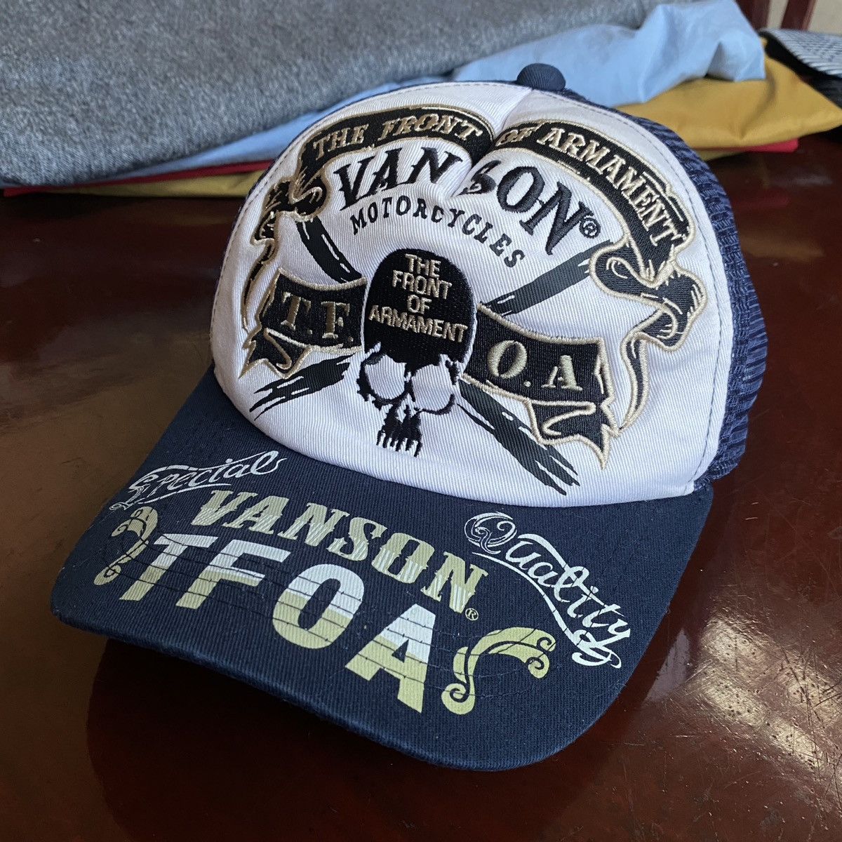 image of Racing x Vanson Leathers Vanson X T.f.o.a. Motorcycle Trucker Cap in Blue, Men's