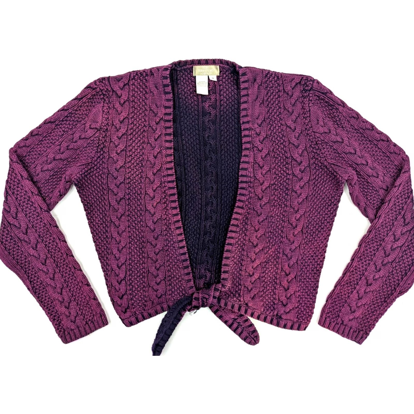 The Territory Ahead Territory Ahead Cardigan Women M Plum Purple Cable Knit Tie Front Front Open Knit Sweater Size M / US 6-8 / IT 42-44 - 2 Thumbnail