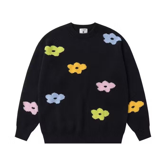 image of Vintage Colorful All Over Floral Embroidery Patch Black Knit Sweater, Men's (Size Medium)