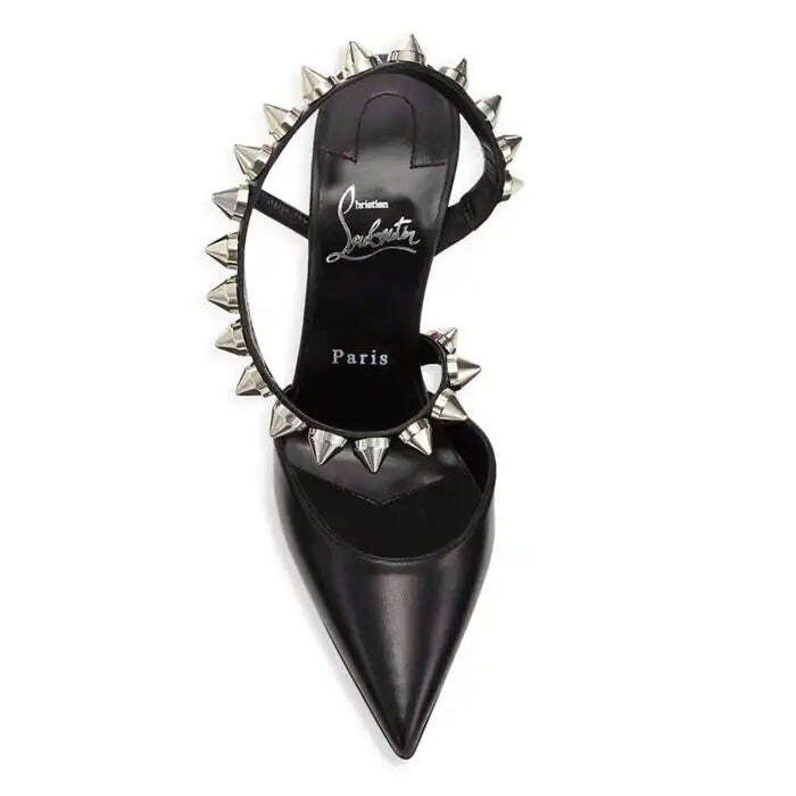 Christian Louboutin Spikita Pump 100 Black Silver Spike Strappy Sandal Heel 39 Size US 9 / IT 39 - 6 Thumbnail