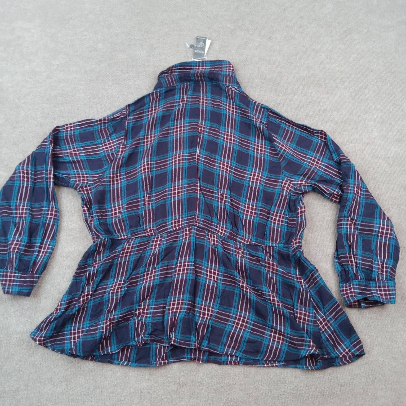 Vintage Lane Bryant Plaid Blouse Womens 18/20 Long Sleeve Elastic Waist Button Purple Blue Rayon Size XXL / US 16-18 / IT 52-54 - 8 Thumbnail