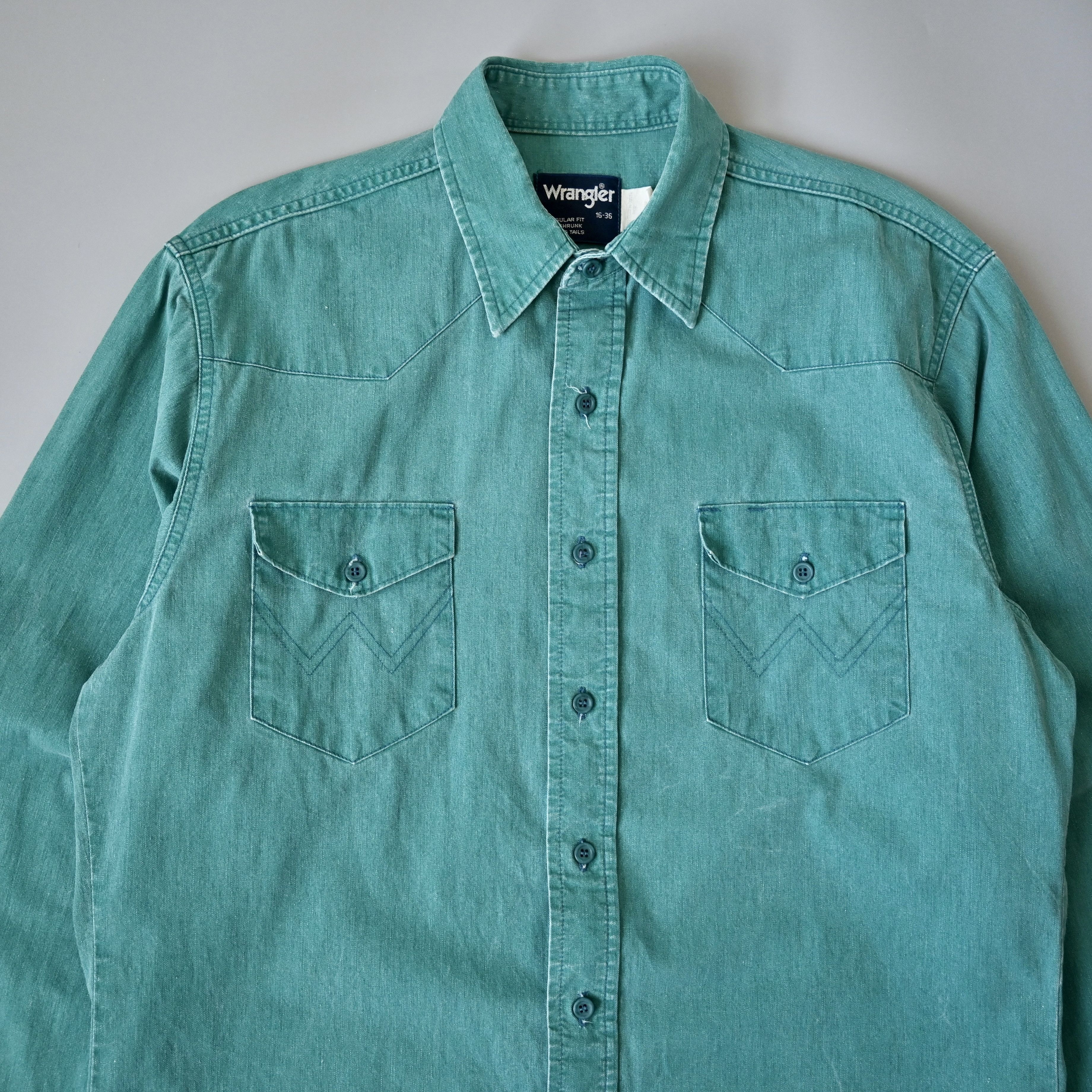 Vintage VTG 90s Wrangler brushpopper shirt solid emerald 16 - 35 Size US L / EU 52-54 / 3 - 3 Thumbnail