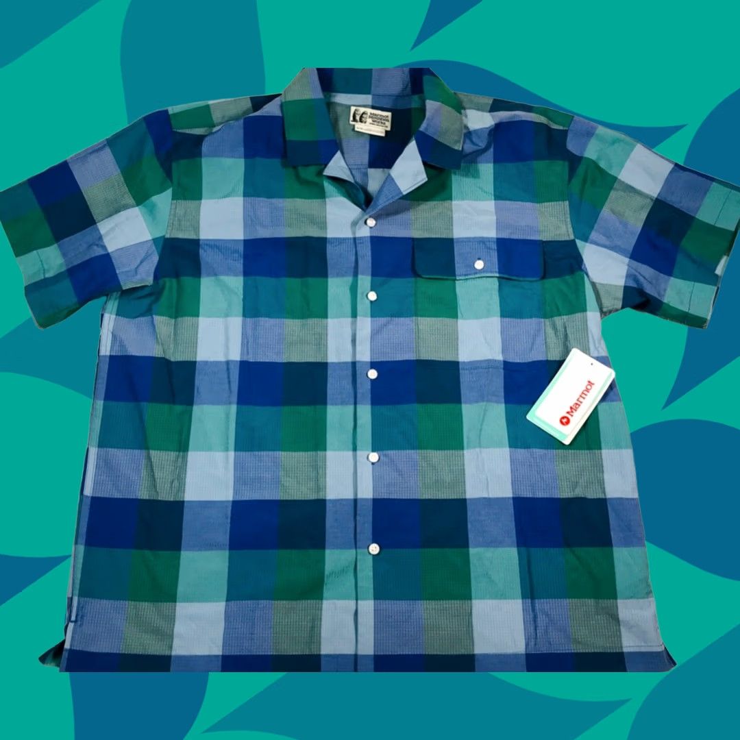 Marmot Muir Camp Shirt Men 1XL Blue Plaid Short Sleeve Button Up Ripstop, Men's