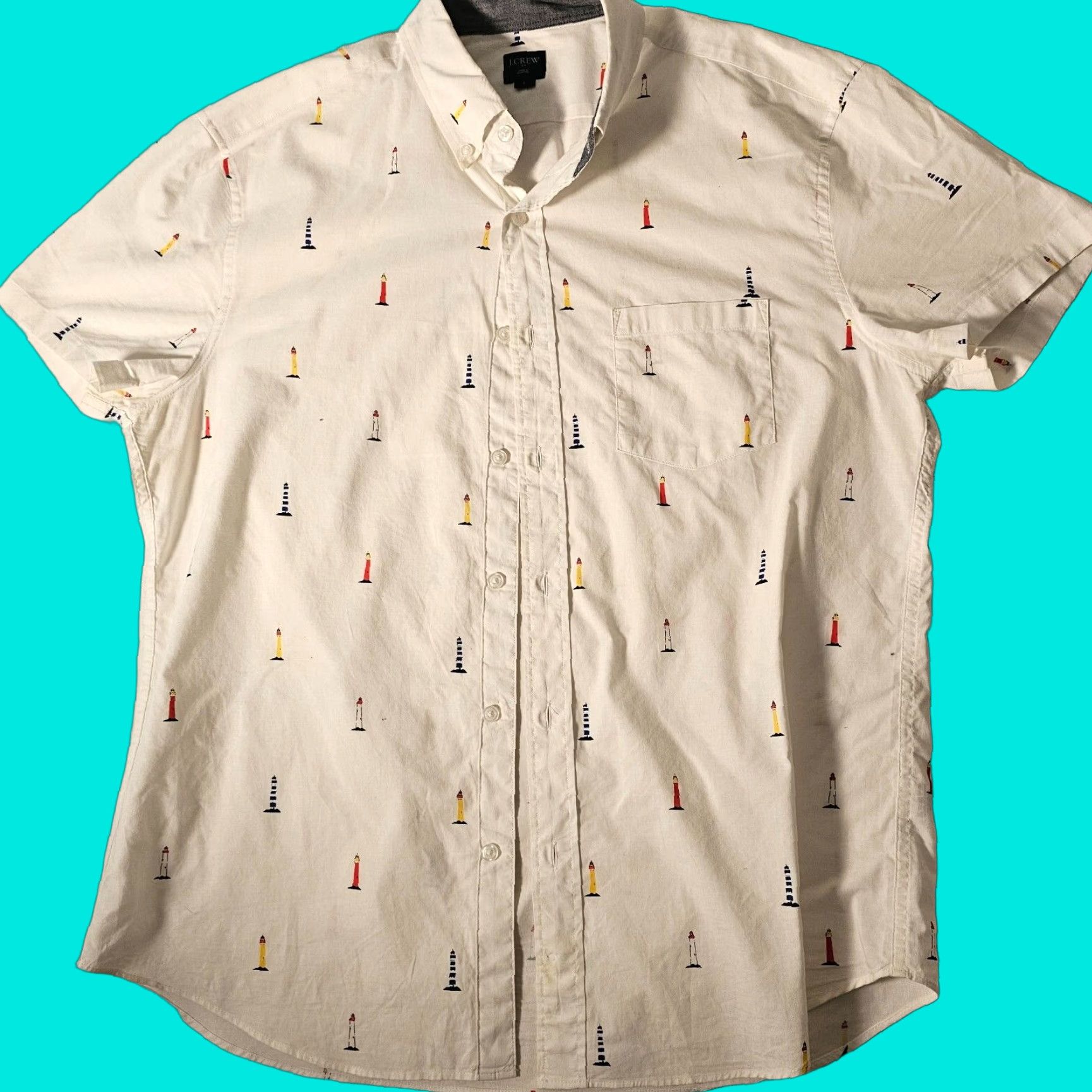 J.Crew J.Crew Mens Large Short Sleeve Button Up Shirt Light House Logo Colorful Preppy Logo All Over Print White Cotton Button-Up Casual Mens L Size US L / EU 52-54 / 3 - 1 Thumbnail