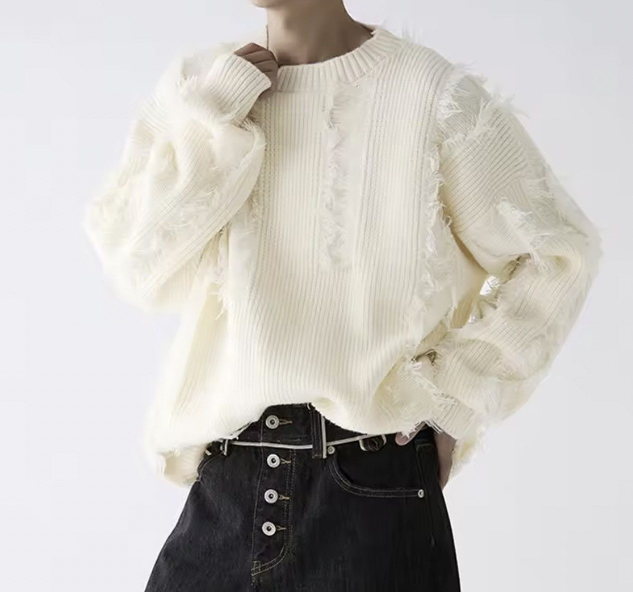 Japanese Brand Cream Ribbed Distressed Knit Sweater Fringed Grunge Jumper Size US XXL / EU 58 / 5 - 1 Thumbnail