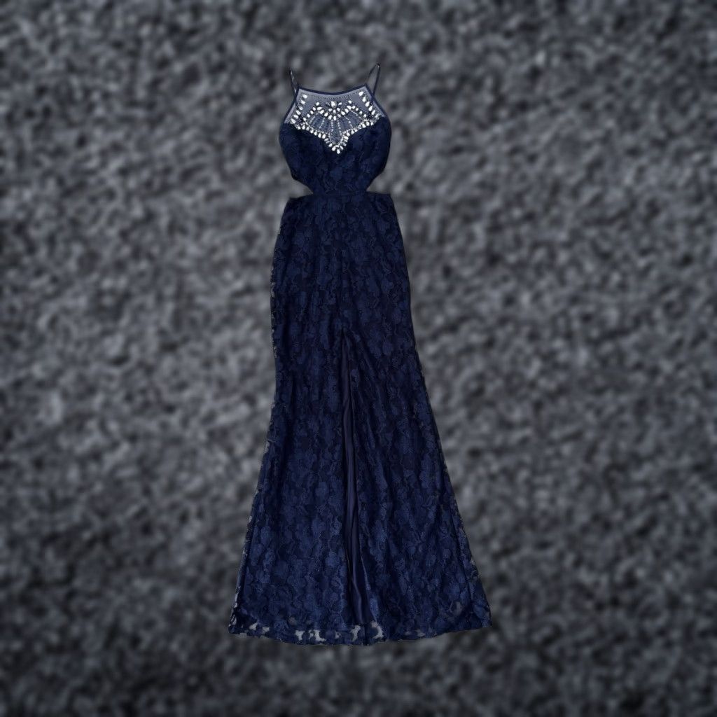 Vintage Yes B. Darlin Dress Y2K Formal Prom Navy Blue Lace Cut Out  Embellished Size 3/