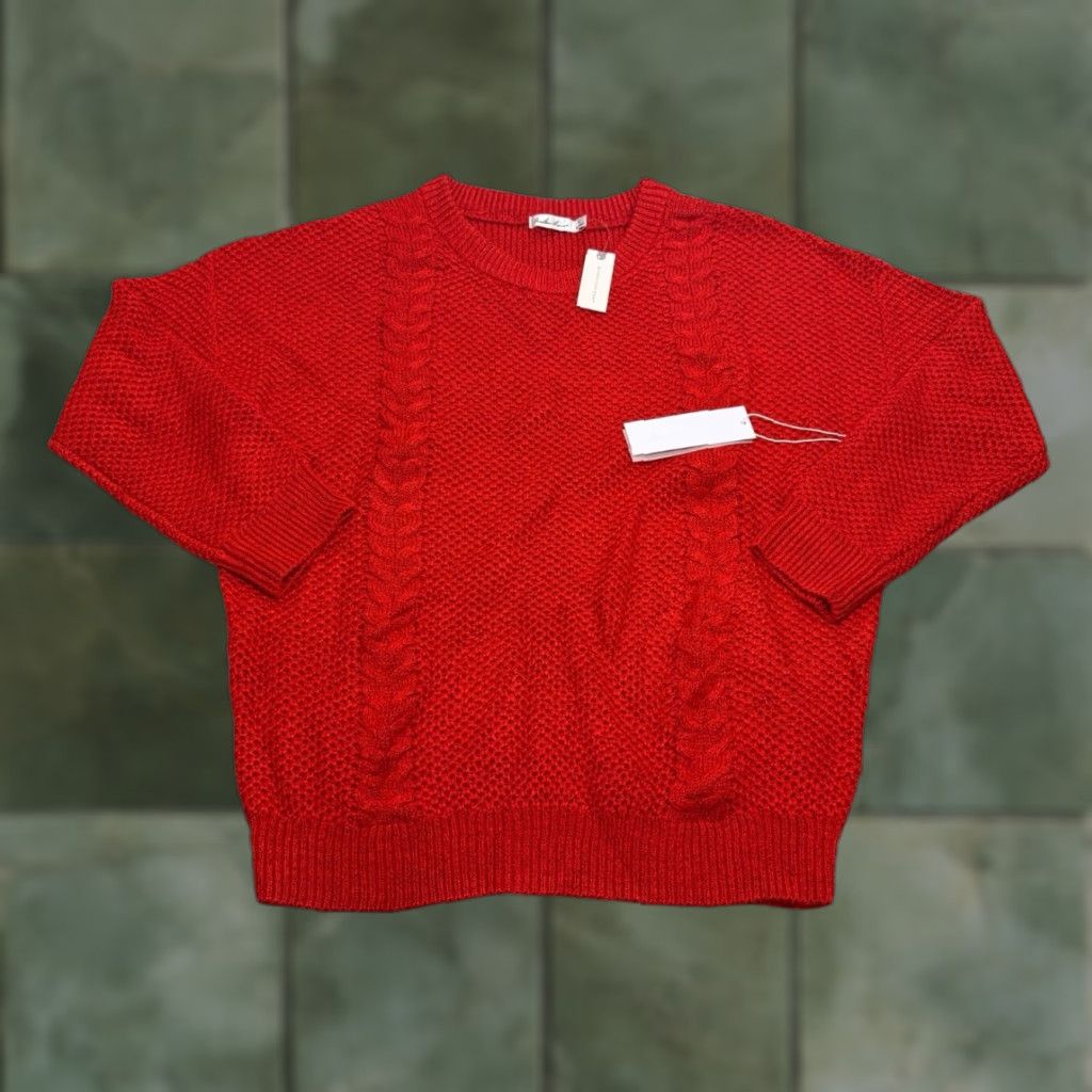 Anthropologie NWT Anthropologie Red Cable Knit Crew Neck Sweater Sz L For Love Minimalist Holiday Christmas Party Women Pullover Striped Acrylic Brand Size L / US 10 / IT 46 - 1 Thumbnail