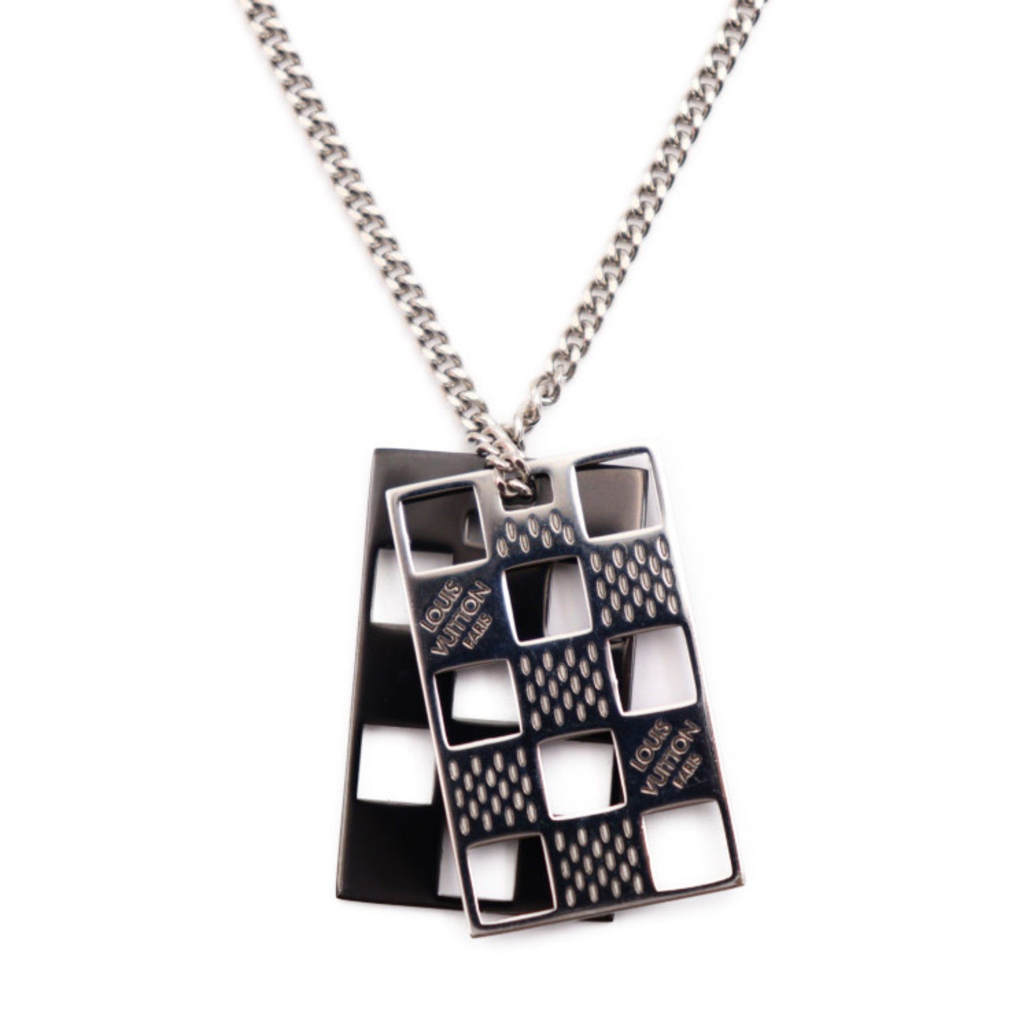 image of Louis Vuitton Collier Plate Damier Perforate Necklace M64191 Metal Silver Black Pendant, Women's