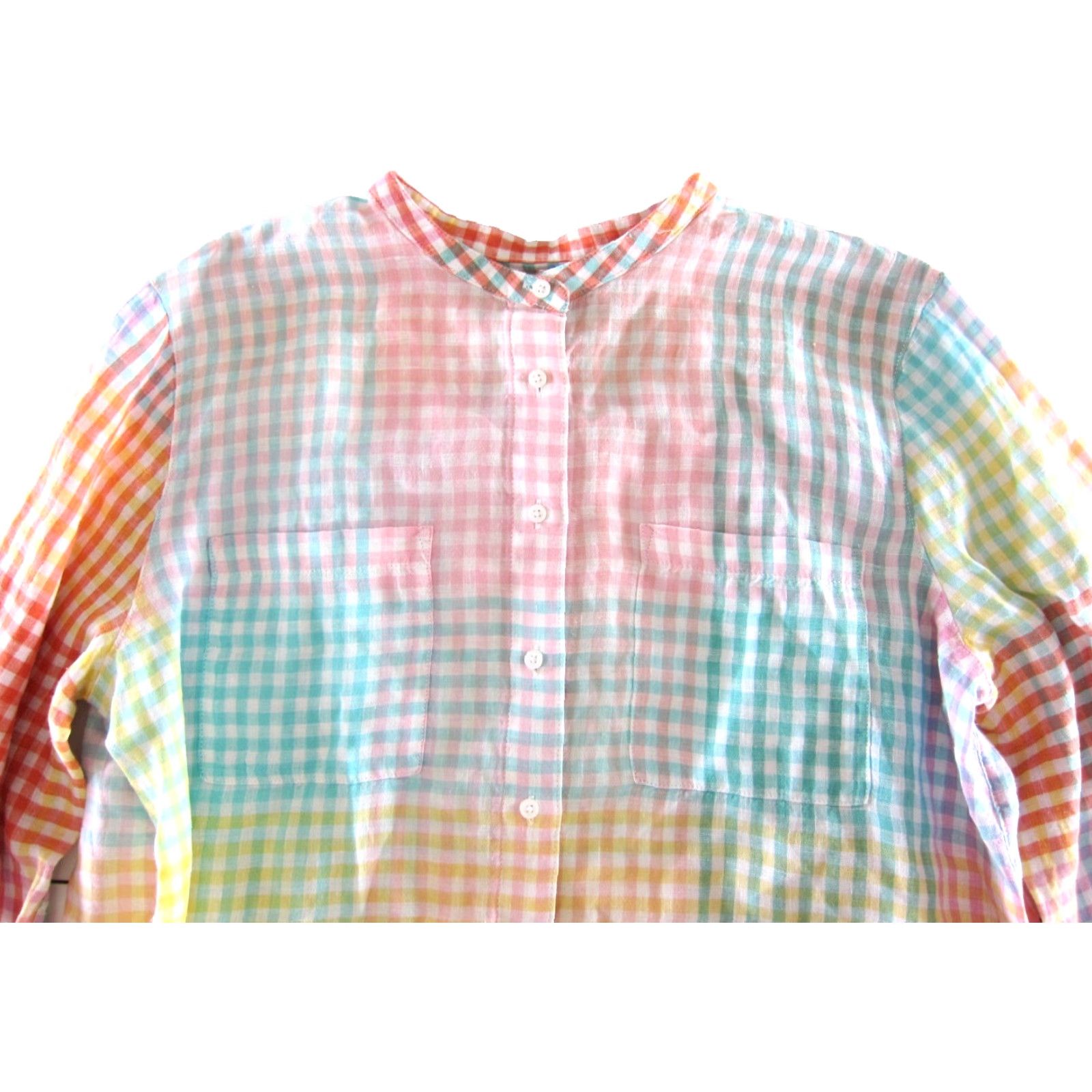 Lands' End Lands End 100% Linen Pink Green Yellow Plaid Pocket Button Long Sleeve Blouse XL Size XL / US 12-14 / IT 48-50 - 4 Thumbnail