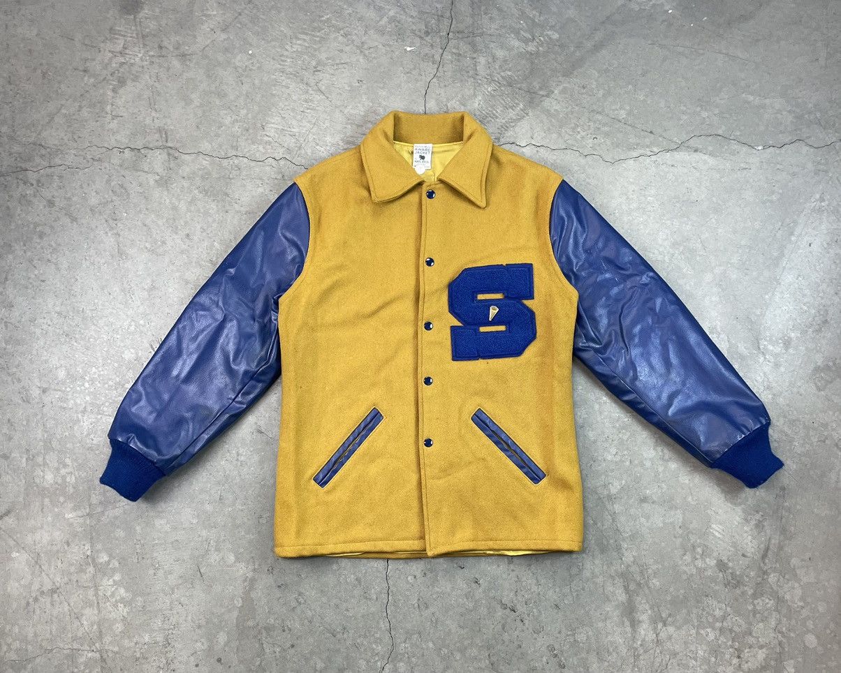 image of Vintage "s" Varsity Letterman Jacket - Mustard Yellow/ Blue in Mustard Yellow/Navy Blue (Size Small