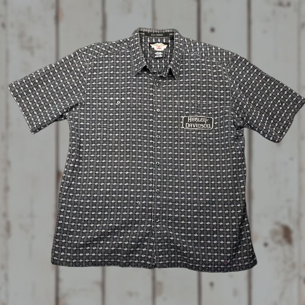 Harley Davidson VINTAGE Harley-Davidson Shirt Harley-Davidson Button-Up Short Sleeve Embroidered Houndstooth Black XL Men Size US XL / EU 56 / 4 - 1 Thumbnail