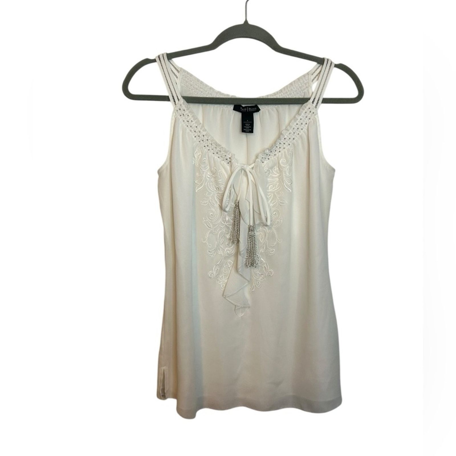 White House Black Market WHBM Y2K White Embroidered Beaded Tassel Top Size S / US 4 / IT 40 - 1 Thumbnail