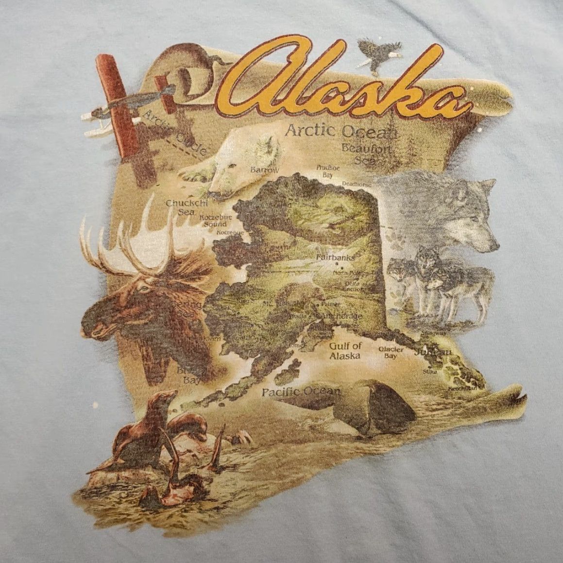 Gildan VINTAGE Alaska Shirt Mens XL Blue Map Short Sleeve Nature Wildlife Moose Wolf Souvenir Shirt Size US XL / EU 56 / 4 - 5 Thumbnail