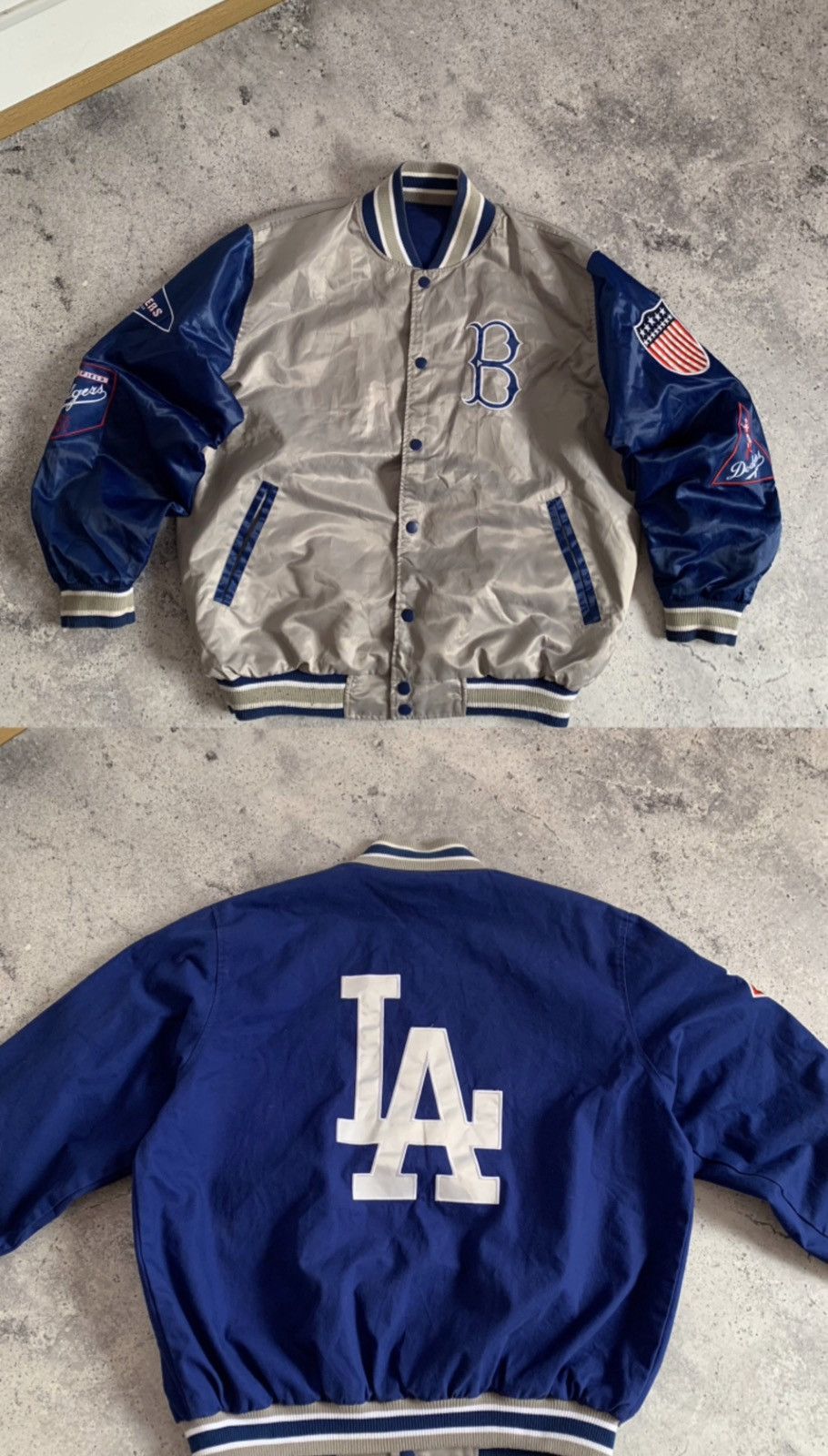 image of Genuine Merchandise By True Fan x Los Angeles Dodgers Mlb Reversible Satin Bomber Jacket in Blue (S