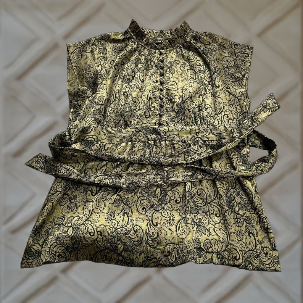 Apt. 9 VINTAGE Apt. 9 Floral Tie-Wront Belted Shirt Dress Midi Cap Sleeve  Black Gold Women's Large Shirt Dress 90s Mens? | Grailed