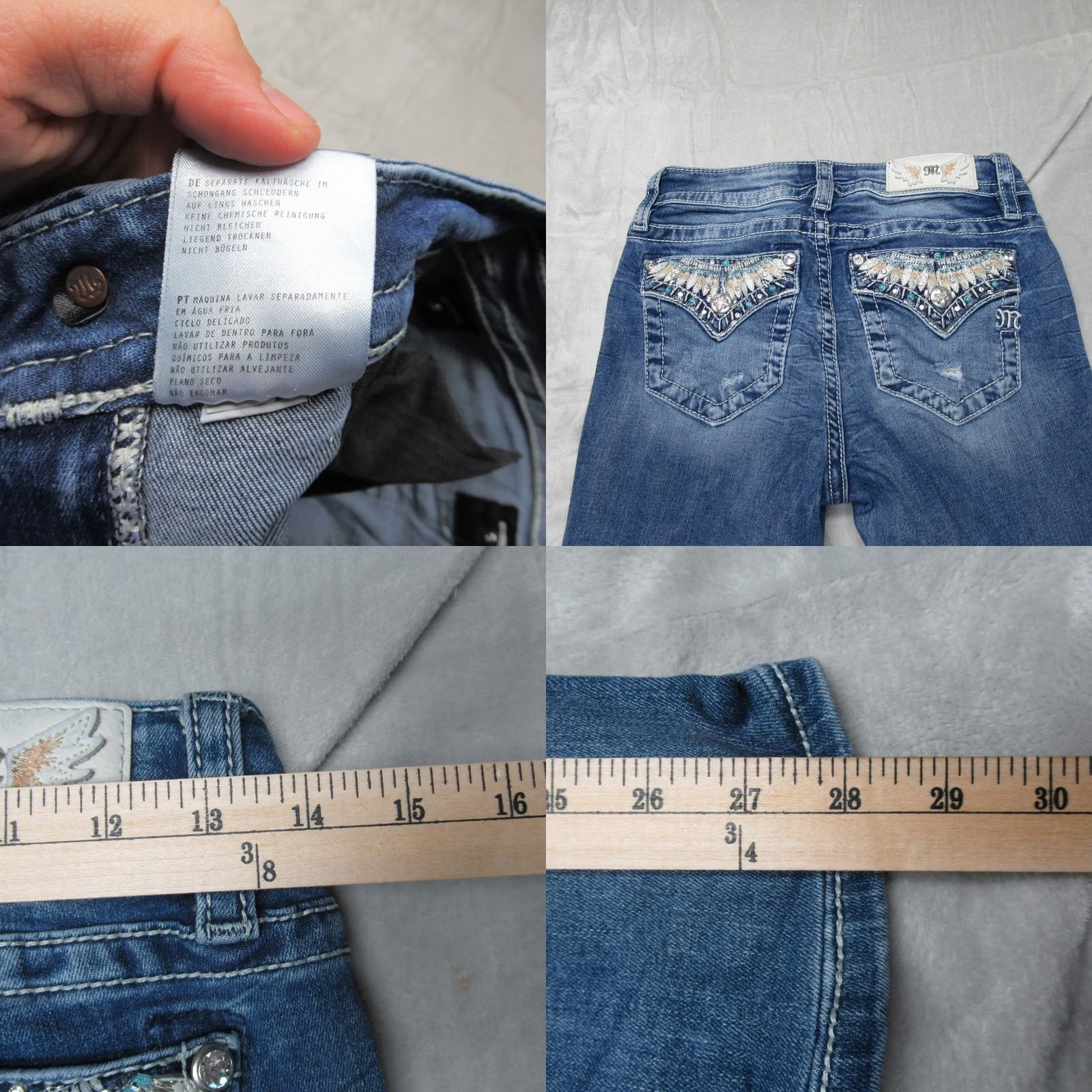 Miss Me VINTAGE Miss Me Jeans Womens Bootcut Denim 27x28 Blue Mid Rise Embroidered Rhinestone Logo Distressed 5-Pocket Mens Womens Girls Size 27" / US 4 / IT 40 - 9 Thumbnail