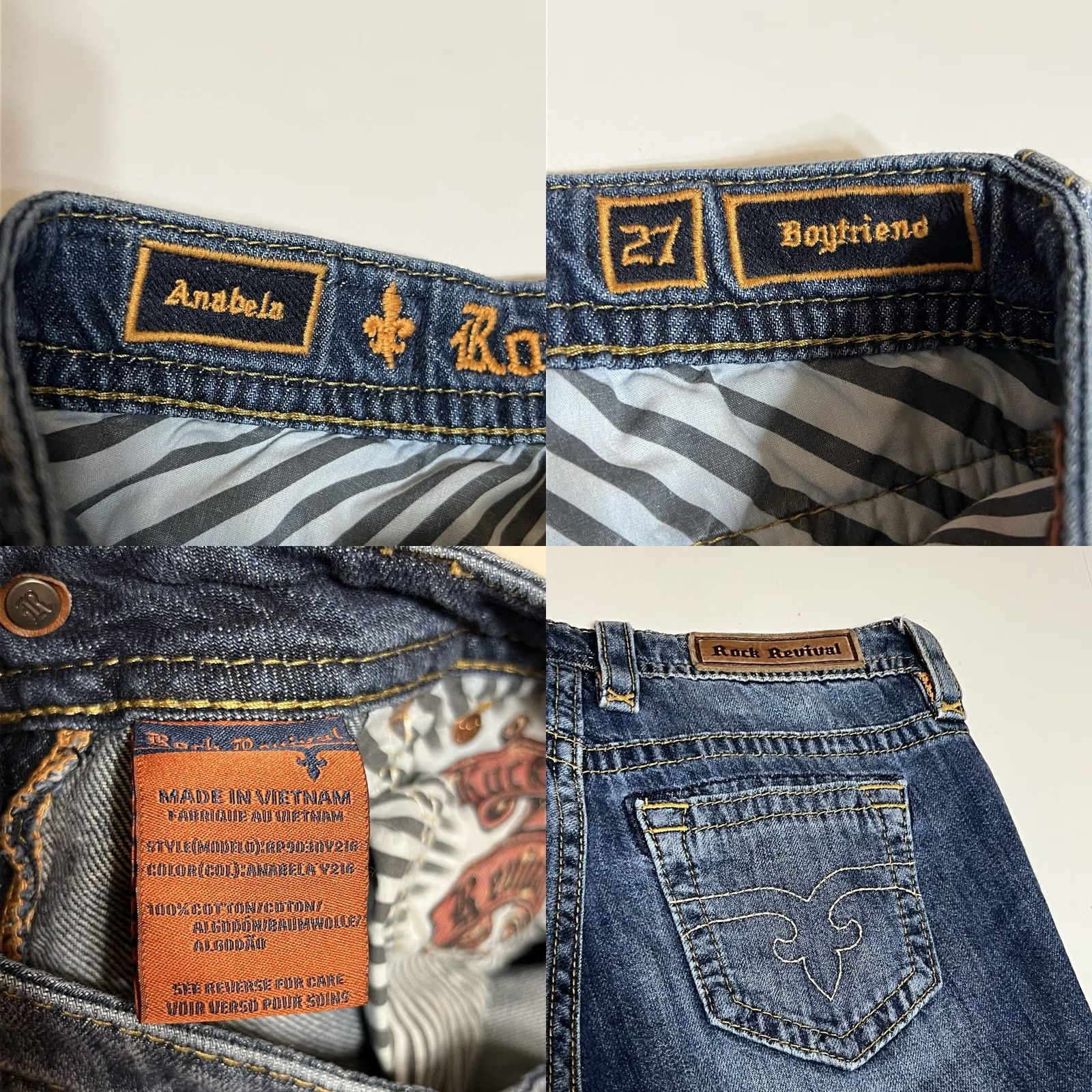 Vintage Rock Revival Anabela Boyfriend Jeans Womens Denim Distressed 31x25 Blue Cotton Cotton Denim mid rise Embroidered Button Zip Regular Gir ls Size 24" / US 00 / IT 34 - 8 Thumbnail