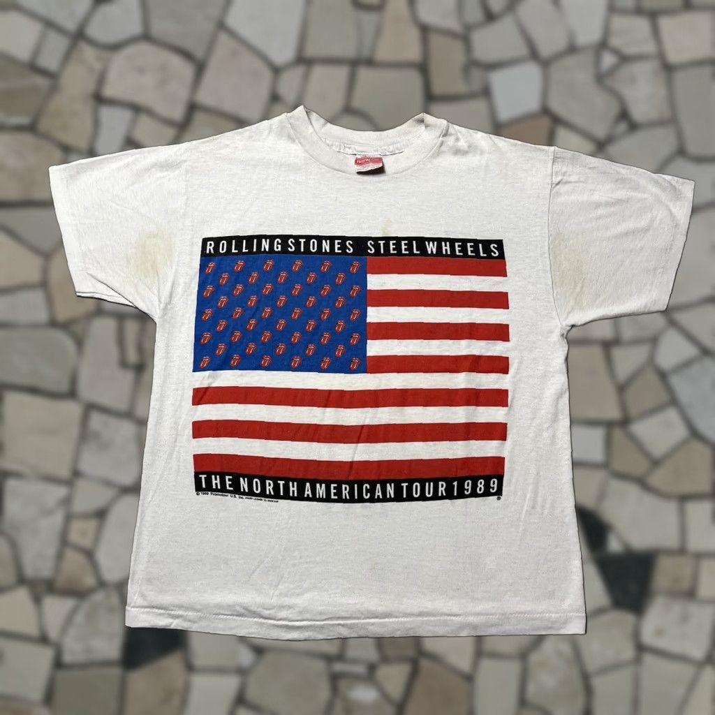 VINTAGE Rolling Stones Steel Wheels Tour Single Stitch T-Shirt Brockum L Mens White Graphic Tee 80s Tour 1989