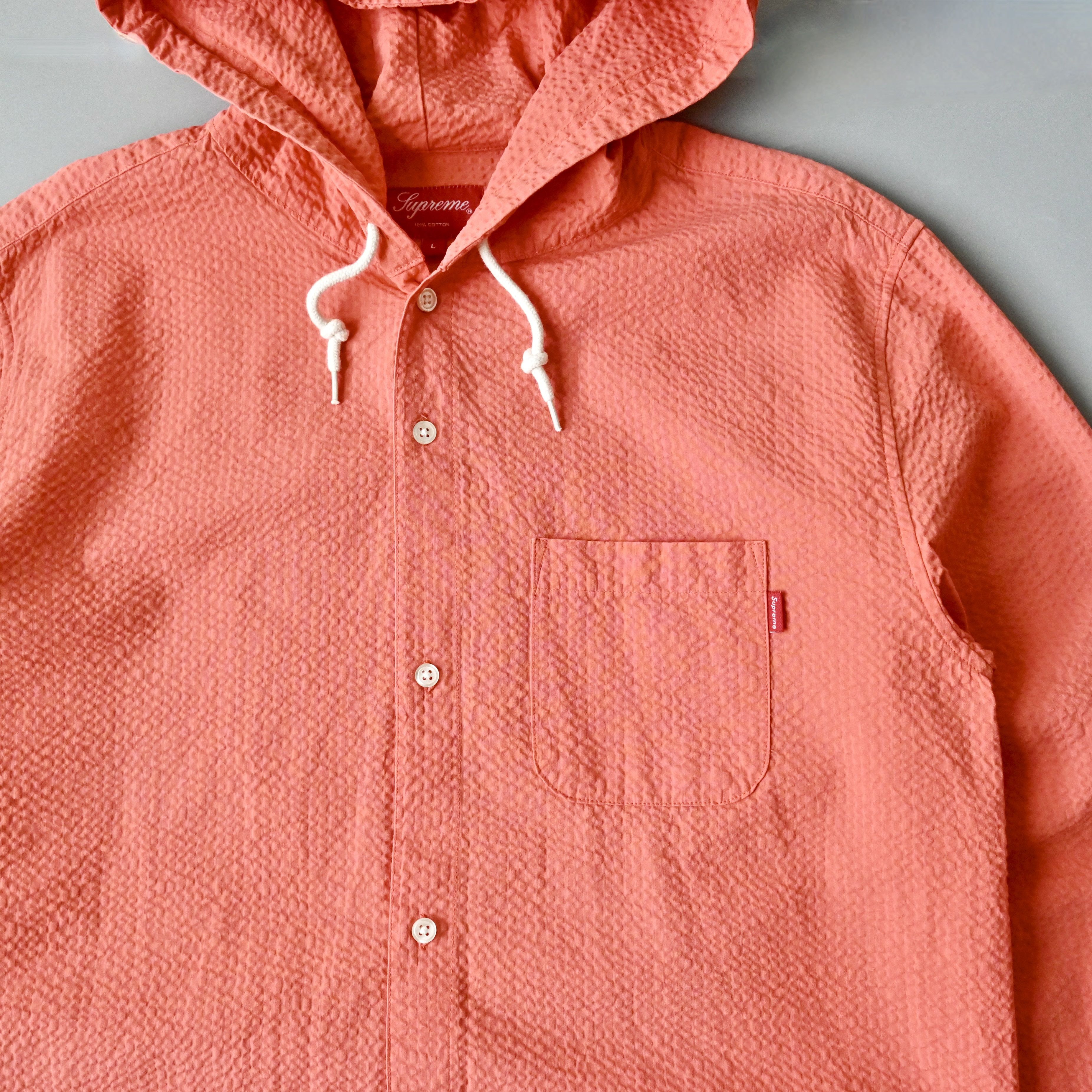 Supreme 15 S/S Supreme seersucker cotton hooded shirt peach L Size US L / EU 52-54 / 3 - 4 Thumbnail
