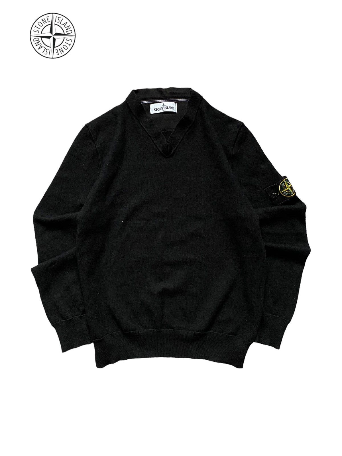 image of Italian Designers x Massimo Osti Stone Island Wool Crewneck V-Neck Sweaters Size Small in Black