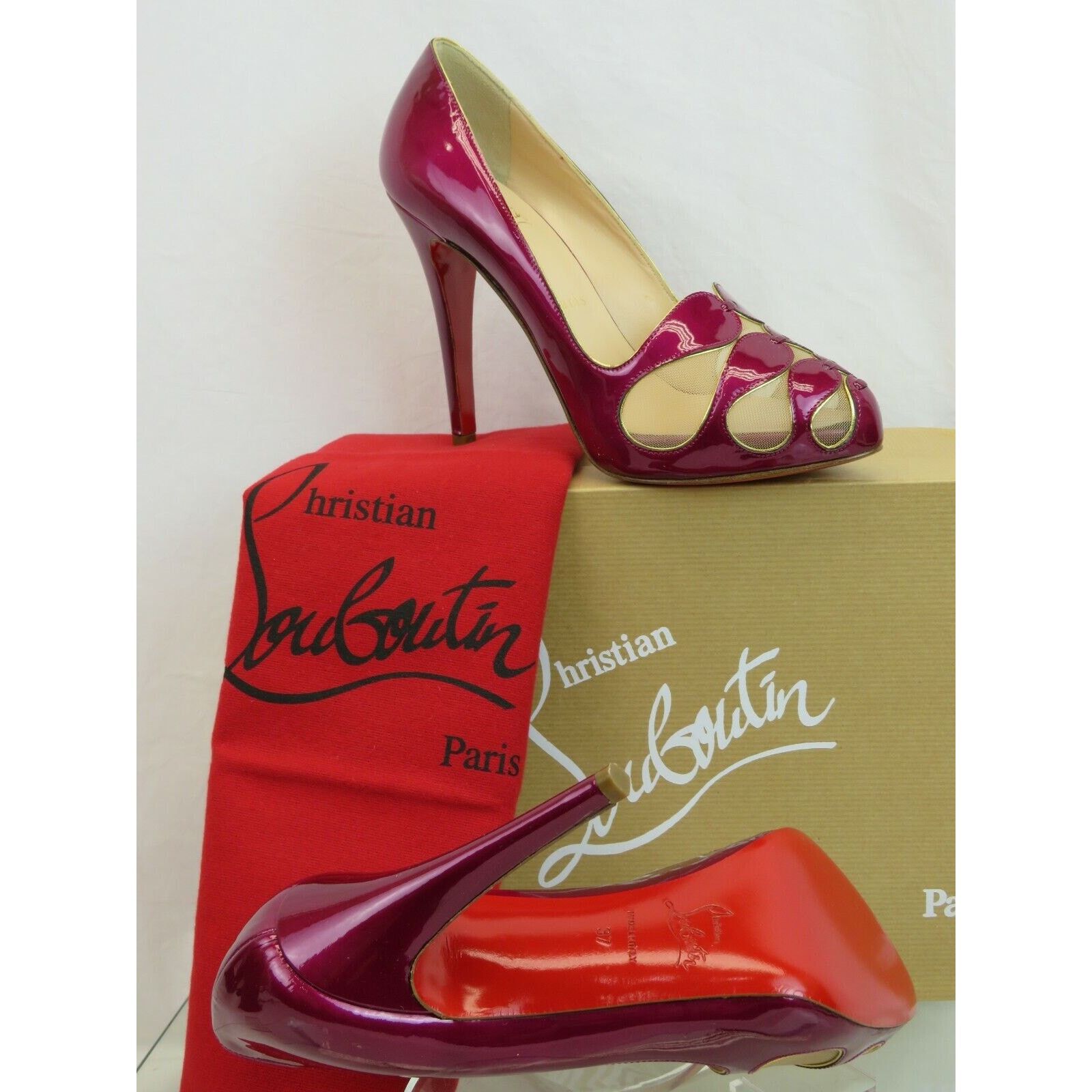 Christian Louboutin MOIRA 120 PURPLE PATENT LEATHER MESH CUTOUT HEEL PUMPS 37 Size US 7 / IT 37 - 5 Thumbnail