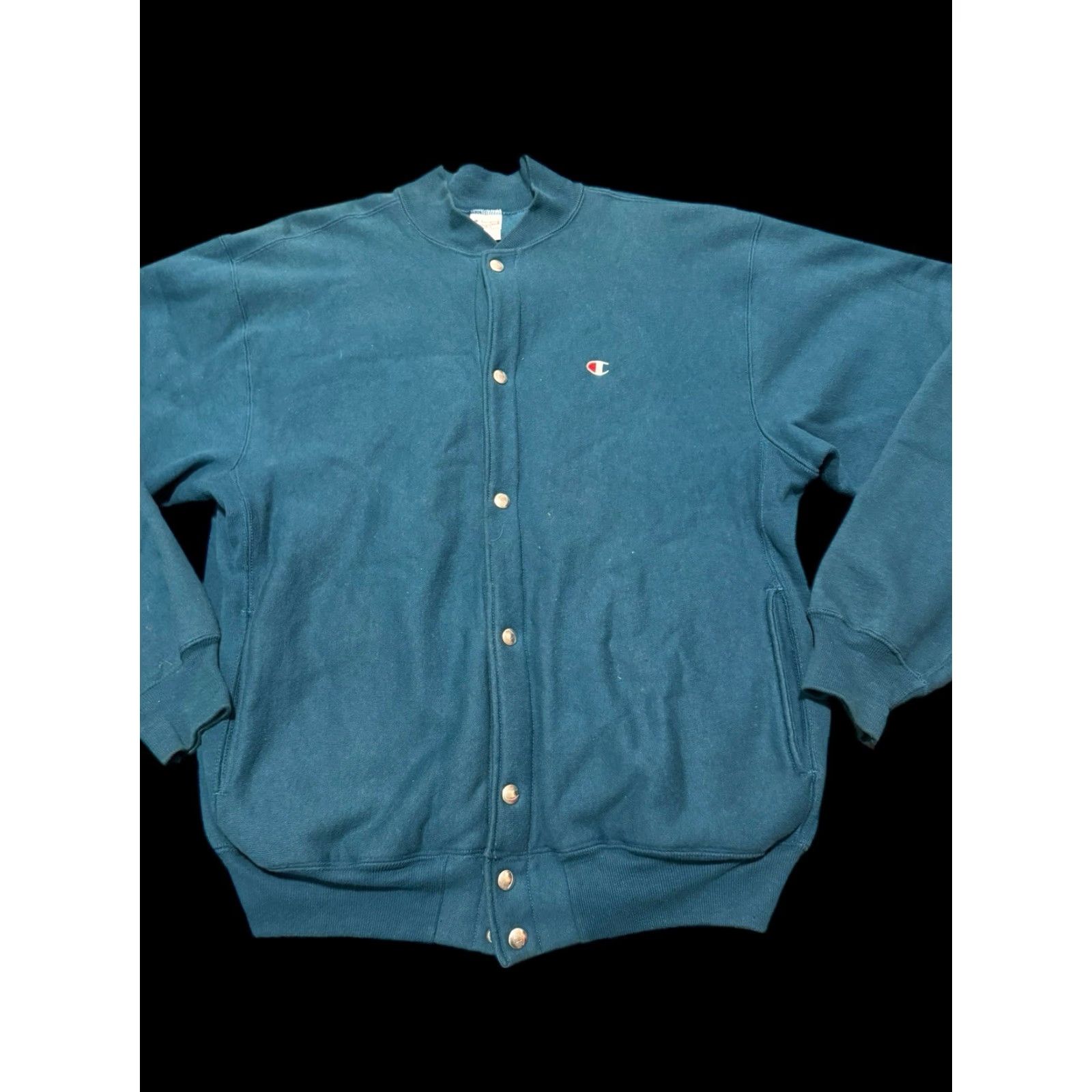 Champion VINTAGE Champion Reverse Weave Snap Front Cardigan Warm Up Jacket L/XL Teal 90s Mens Cardigan Snap Front Reversible Warm Up Jacket Size US L / EU 52-54 / 3 - 3 Thumbnail