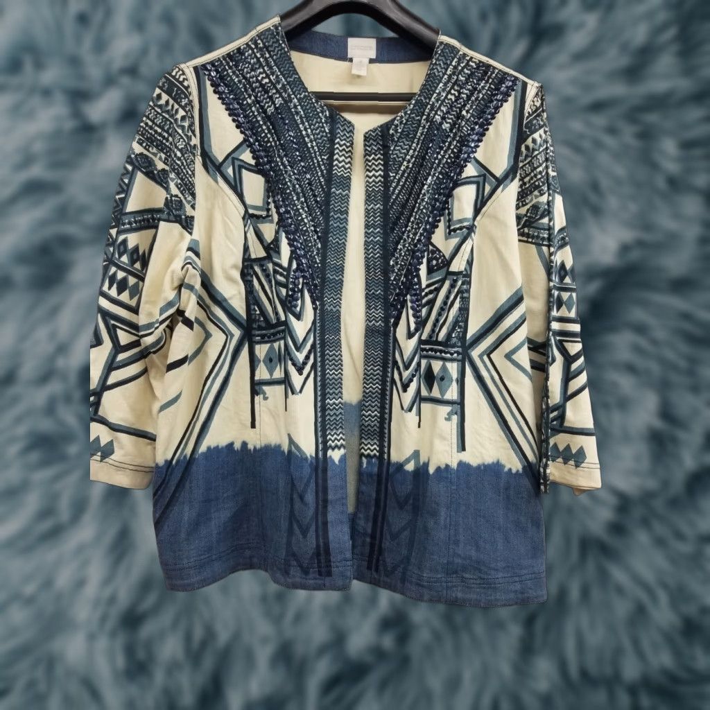Vintage Chico's Cardigan Women Blue Denim Cotton Beaded Accent Open Front Size 4 Long Sleeve Size S / US 4 / IT 40 - 1 Thumbnail