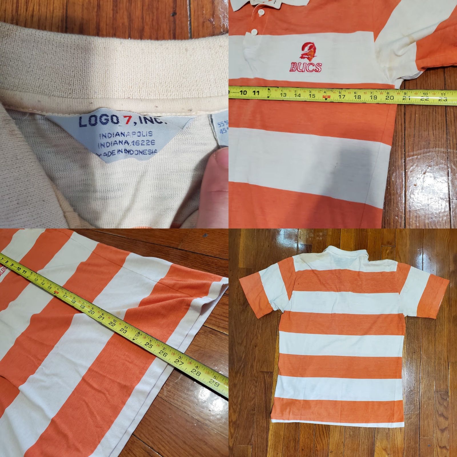 Logo 7 VINTAGE Logo 7 Shirt Striped Polo Orange Slim Button-Up Collared Short Sleeve Men L Stained 70s Buccaneers NFL Size US L / EU 52-54 / 3 - 8 Thumbnail