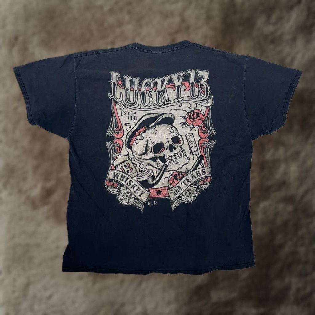Vintage Lucky Thirteen T-Shirt Mens XL Black "Whiskey and Tears" Skull Tattoo Graphic Print Crew Neck Short Sleeve Size US XL / EU 56 / 4 - 1 Thumbnail