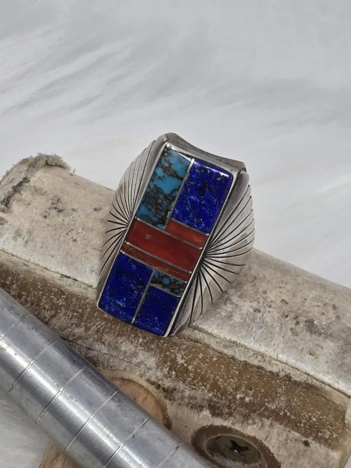 Other Navajo Sterling Inlay Ring ML Lapis Coral Turquoise Signed Size ONE SIZE - 8 Thumbnail