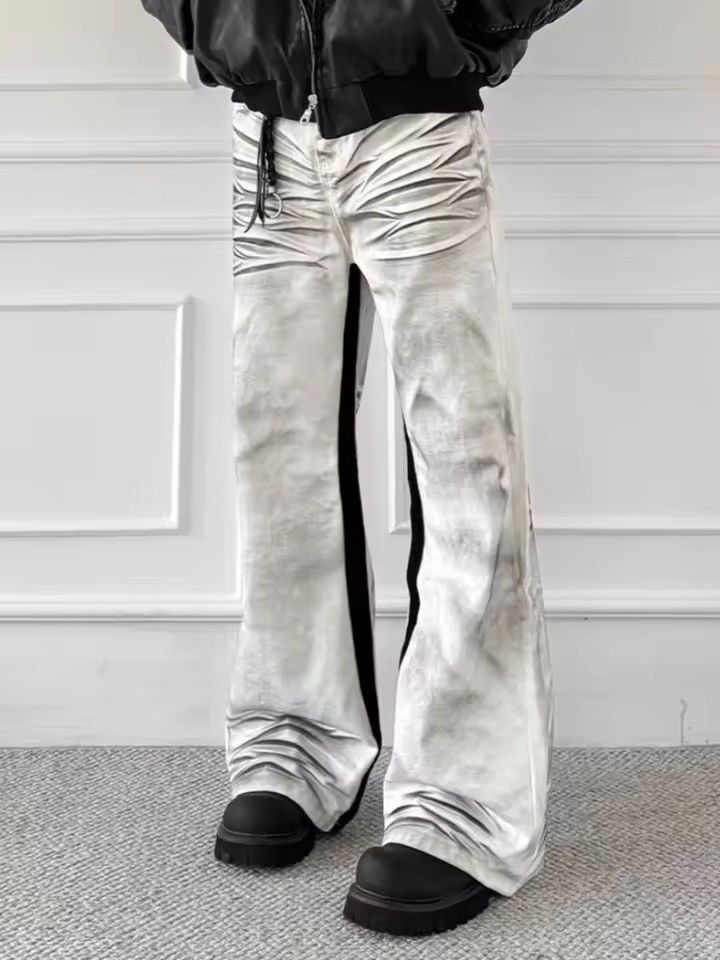 Japanese Brand Stacked Ruched Flare Denim – White Grey Wash Cargo Carpenter Size US 27 - 3 Thumbnail