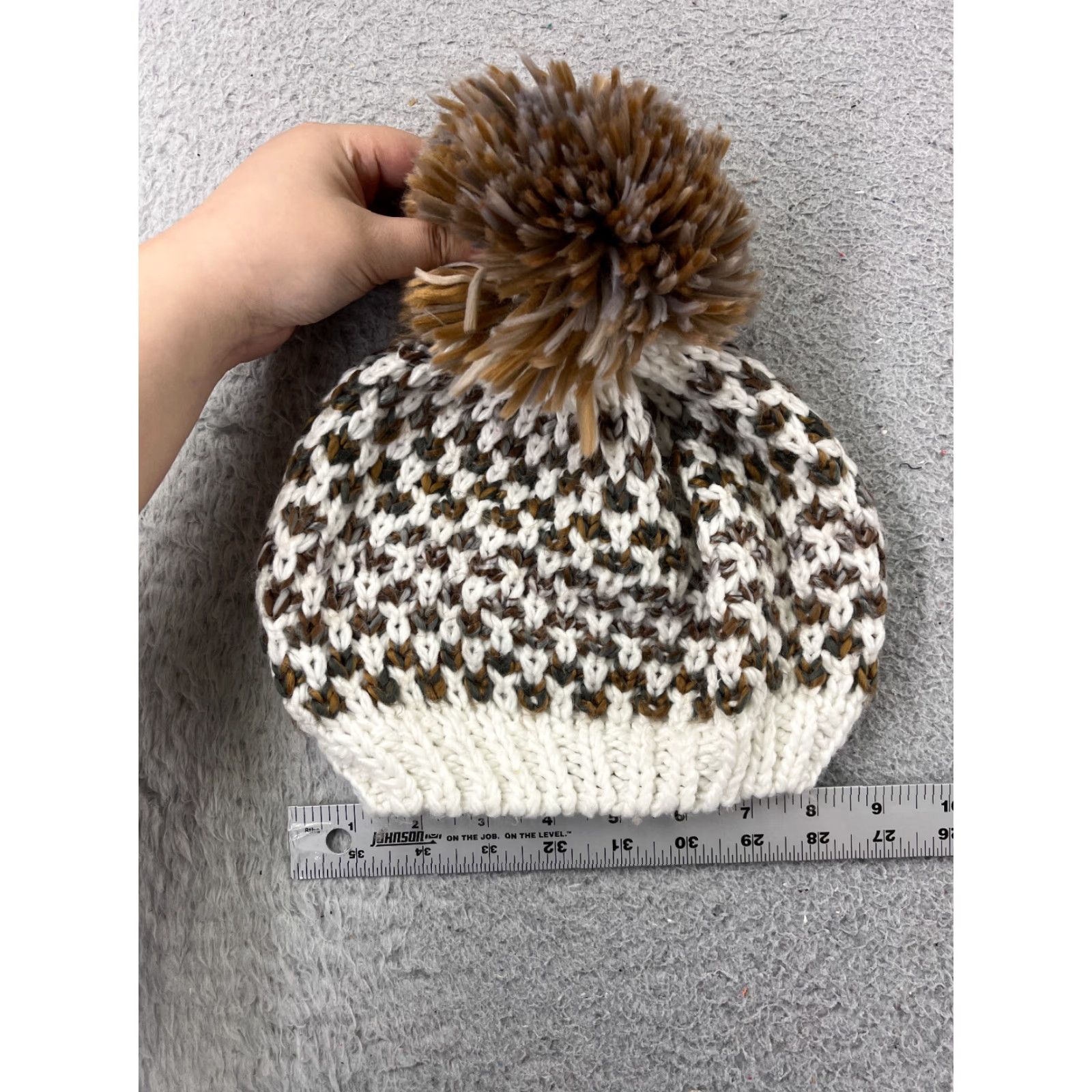 Vintage VINTAGE Transformco Beanie Toque Womens One Size White Brown Knit Check 100% Acrylic Pom Size ONE SIZE - 4 Thumbnail