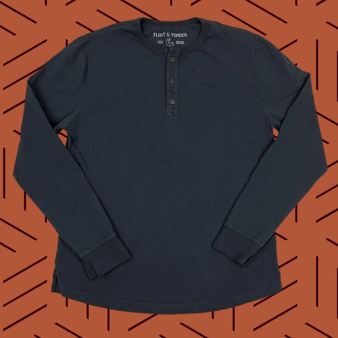 Vintage Flint & Tinder Shirt Mens XL Blue Heavyweight Carded Cotton Henley Long Sleeve Shirt Size US XL / EU 56 / 4 - 1 Thumbnail