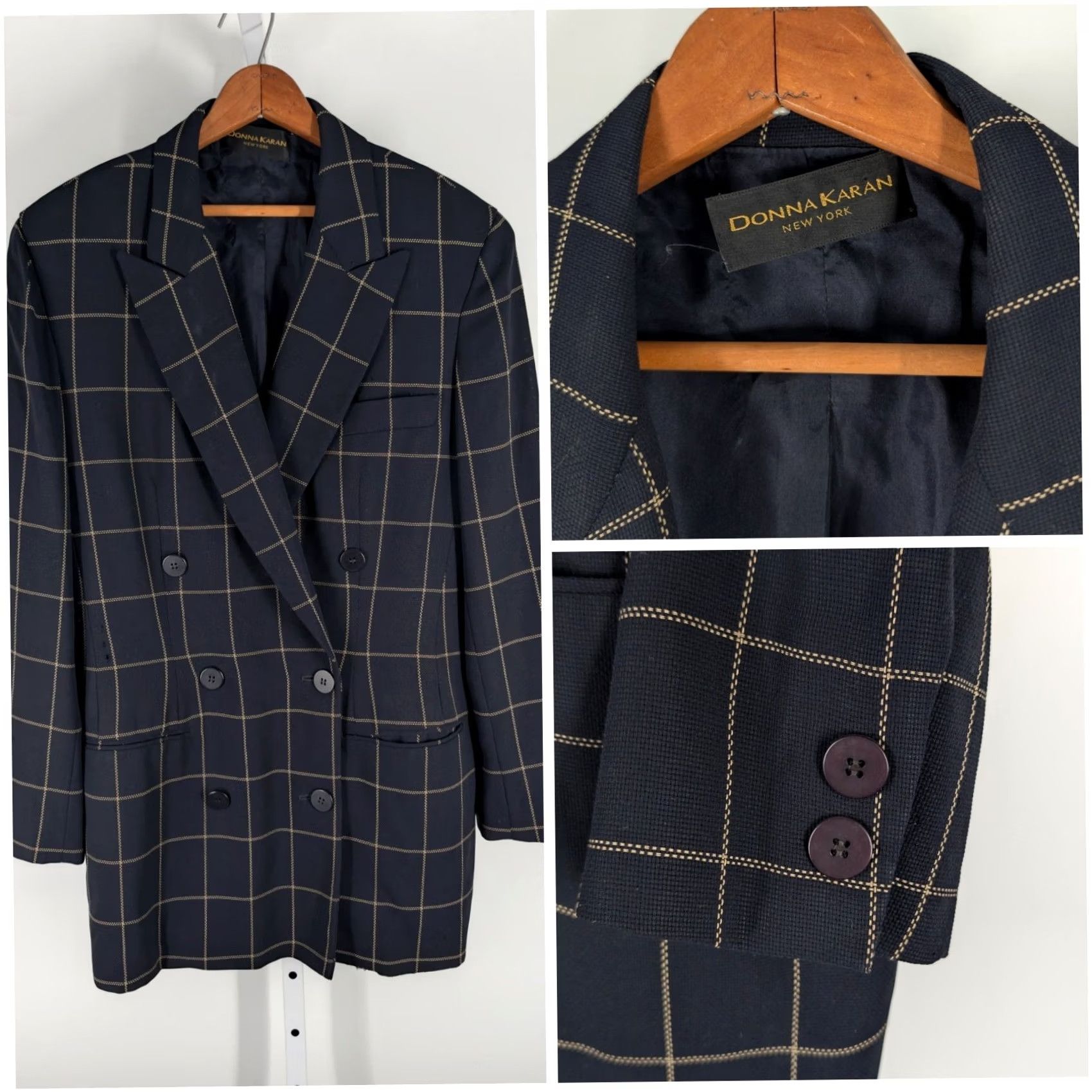 Donna Karan VINTAGE Donna Karan New York Blazer Navy Wool Windowpane Union ILGWU 80s 90s Longline Double Breasted Women’s Size 12 Size XL / US 12-14 / IT 48-50 - 2 Thumbnail