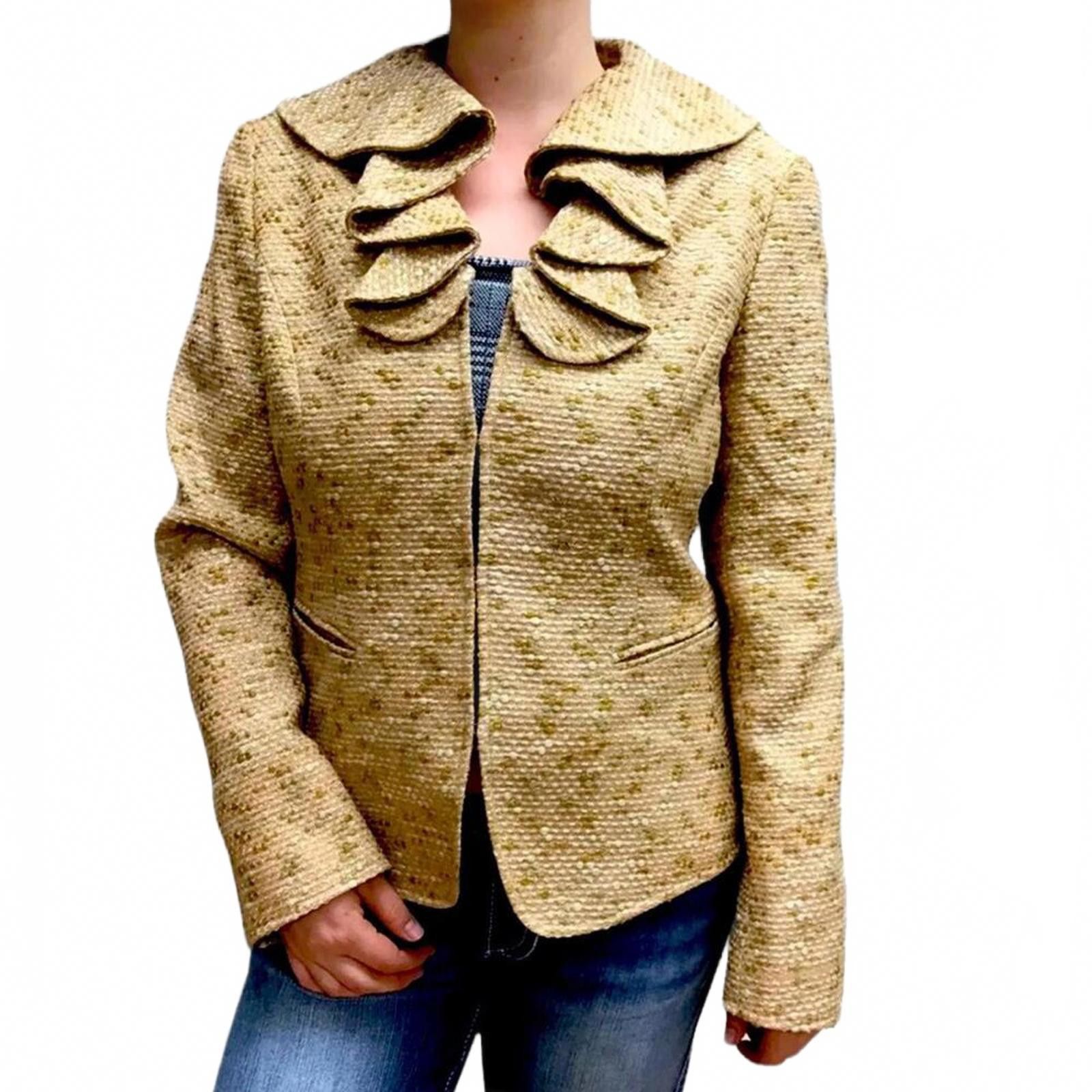 Designer Y2K Lafayette 148 Nude & Gold Wool Blend Tweed Jacket Size L / US 10 / IT 46 - 5 Thumbnail