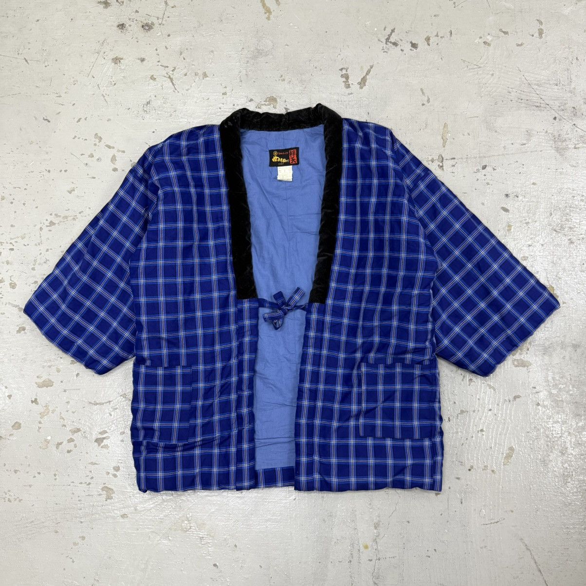 Vintage Traditional Japanese Hanten Blue Plaid Jacket Kimono