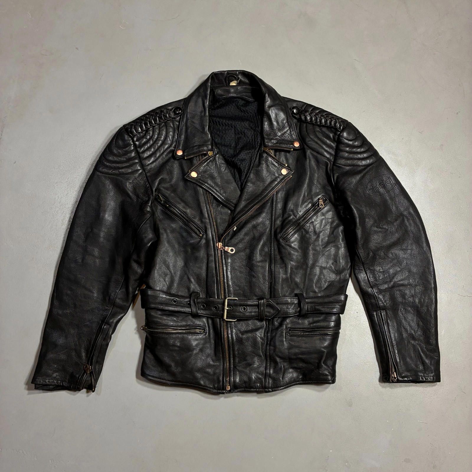Other Vintage 90s Heavyweight Leather Biker Jacket German Belted Size US L / EU 52-54 / 3 - 1 Thumbnail
