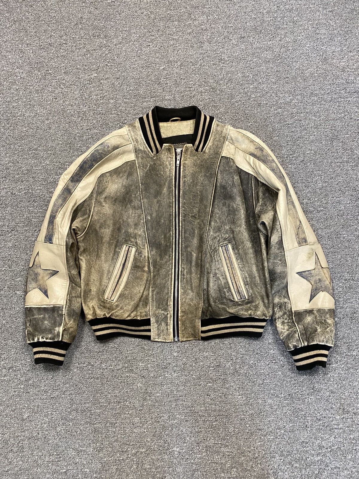 image of Washed Leather Jacket Bomber Schott Avirex Diesel in Beige, Men's (Size Medium)