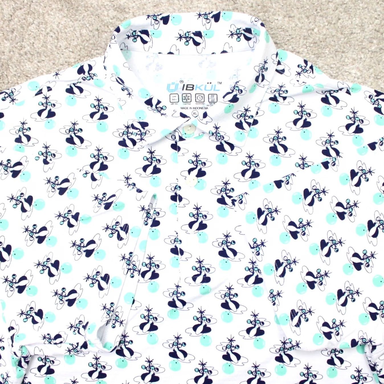 Vintage IBKUL Polo Shirt Mens XL Blue/Green "Bowl" All Over Print UPF 50+ Golf S/S Shirt Size US XL / EU 56 / 4 - 2 Thumbnail