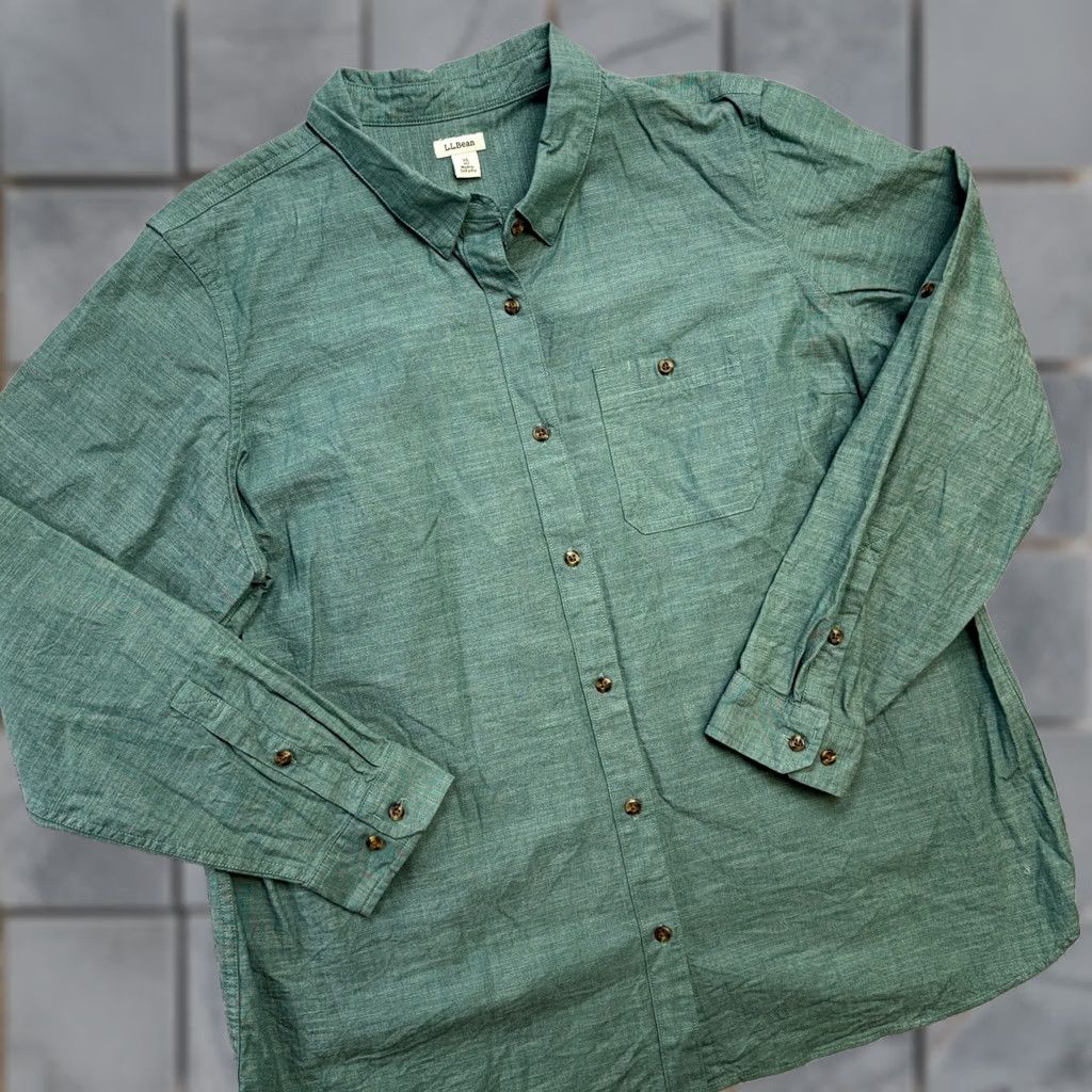 Vintage L.L. Bean Button-Up Shirt Womens XL Green Chambray Cotton Stretch Roll Tab Sleeve Fall Spring Summer Winter Regular Fit Size XL / US 12-14 / IT 48-50 - 1 Thumbnail