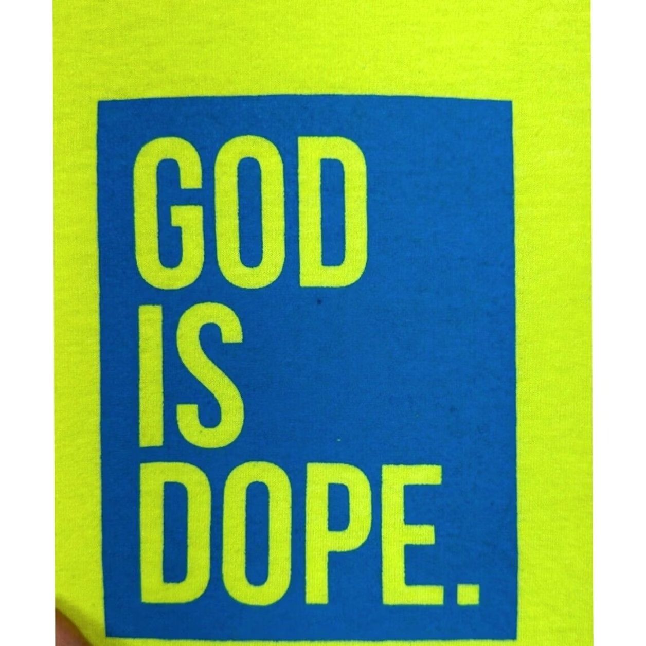 Vintage God Is Dope T-Shirt Mens Medium Neon Green Graphic Print Crew Neck Tee Size US M / EU 48-50 / 2 - 5 Thumbnail
