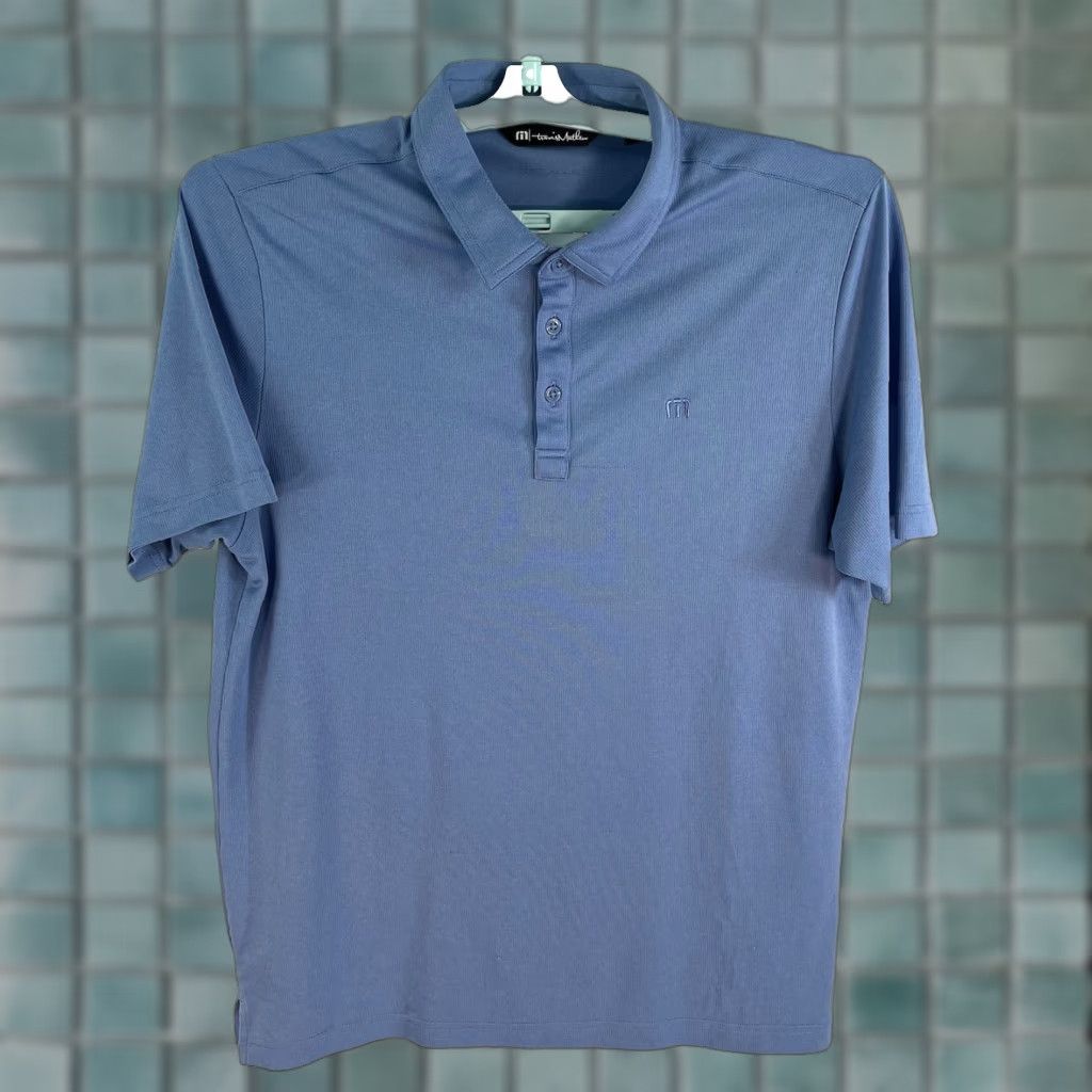 TravisMathew Travis Mathew Golf Polo Shirt Mens L Blue Textured Polo Shirt Short Sleeve Regular Fit Cotton Polyester Knit Breathable All Seasons Size US L / EU 52-54 / 3 - 1 Thumbnail
