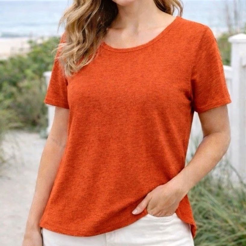 Vintage Chico's Blouse Shirt Women’s Linen 100% Short Sleeve Orange Regular M Casual Back Tiered Pleated Ruffle Knit Lightweight Breathable Size M / US 6-8 / IT 42-44 - 2 Thumbnail
