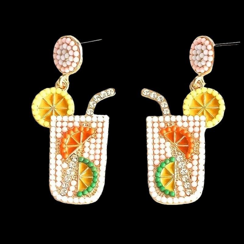 Handmade Tropical Cocktail Earrings Beaded Dangle Posts Lemon Lime Cr Size ONE SIZE - 2 Thumbnail