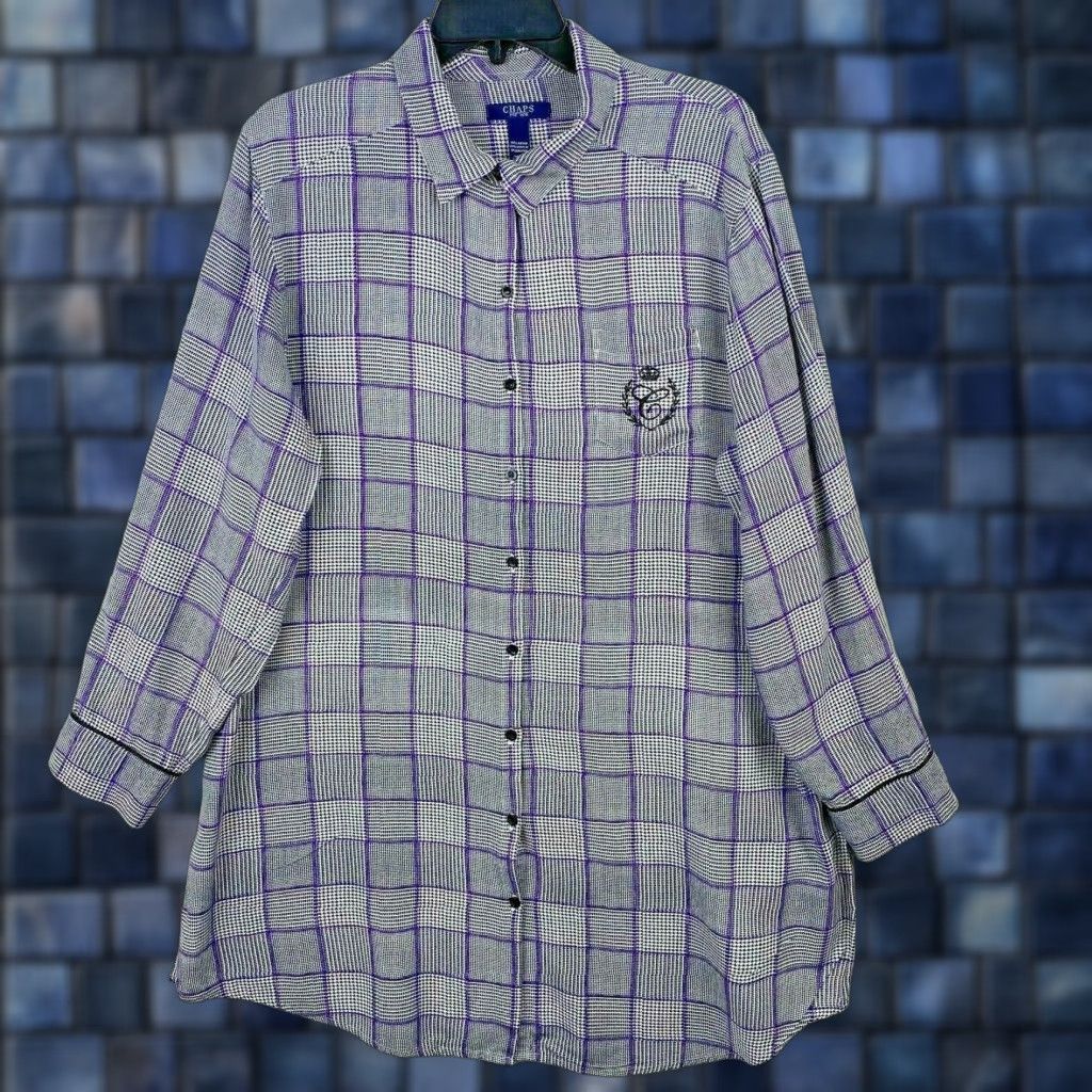 Chaps Chaps Purple Houndstooth Button-Up Tunic Long Sleeve Women's L Size L / US 10 / IT 46 - 1 Thumbnail